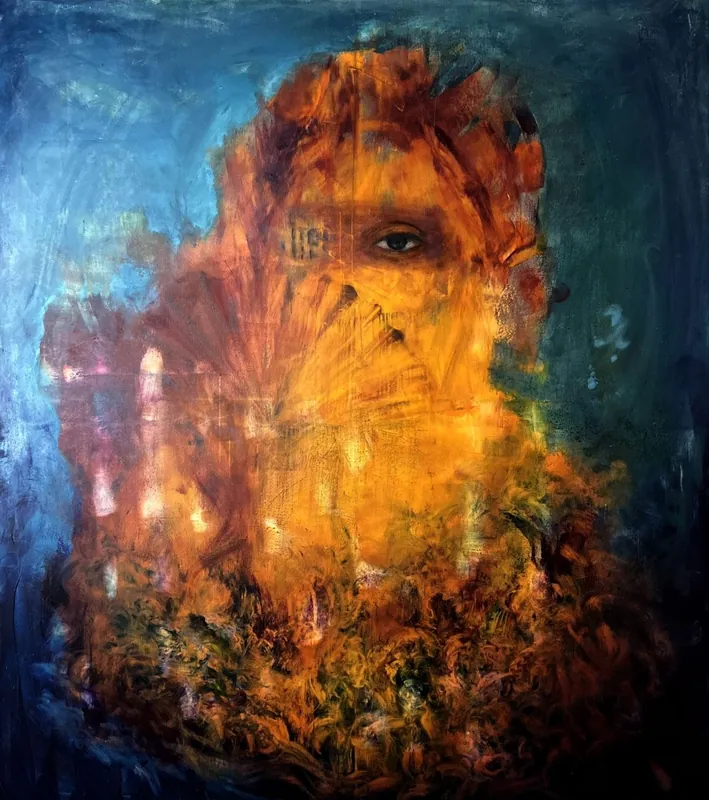 Großformatige Ölmalerei, 120×140 cm. Zwischen den Schichten erkennbar: vogelartige Konturen, die sich beim Hinsehen aus der Farbtextur verdichten und wieder zurückziehen.