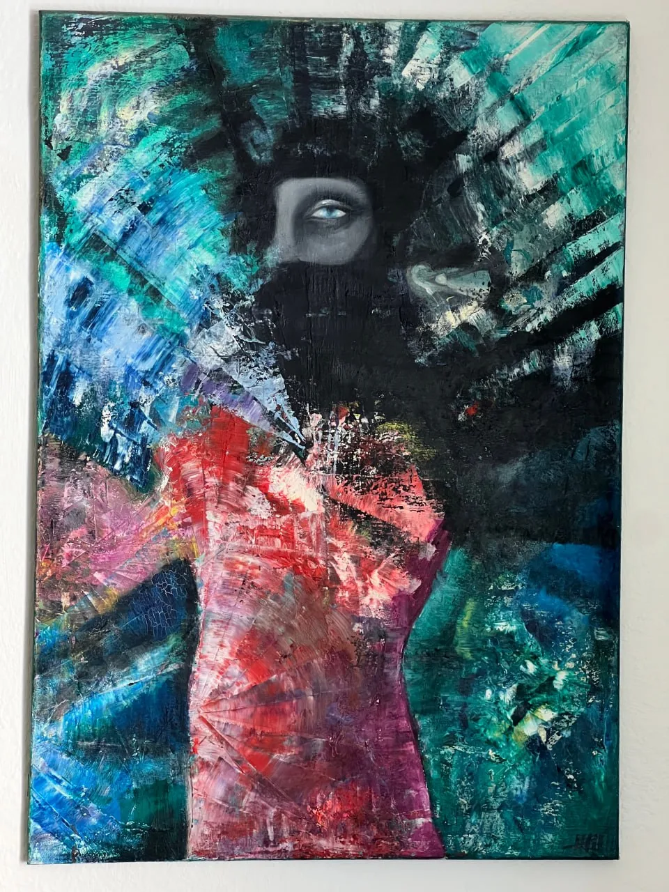Frühes Ölwerk 2011, 70×100 cm. Konzentrierte Schichtarbeit auf kleinerem Format, Vogel-Motiv noch deutlich sichtbarer als in der späteren Wiederaufnahme.