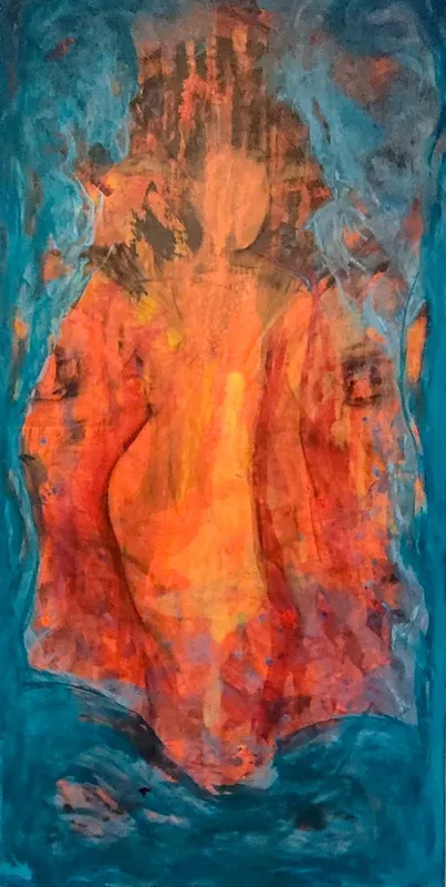 Großformatiges Tintebild auf Leinwand, 200×100 cm. Dynamische Linienarbeit auf zurückhaltendem Grund, beim Hinsehen treten Figuration und Bewegung in der Tiefe hervor.