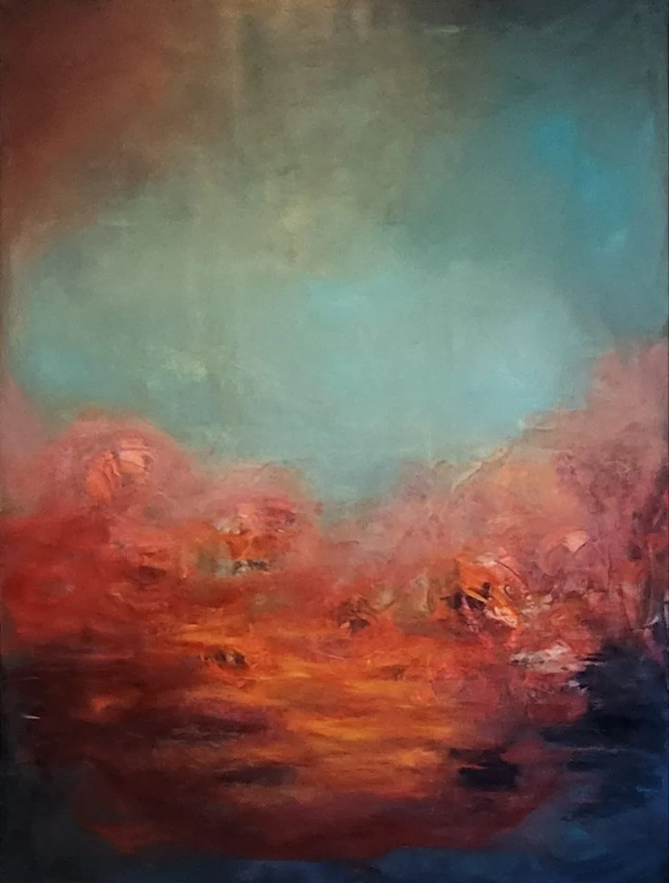 Großformatige Ölmalerei 120×140 cm. Schichten in dichter, opaker Anordnung. Das Werk verweigert die Benennung — der Titel ist Teil der Aussage.
